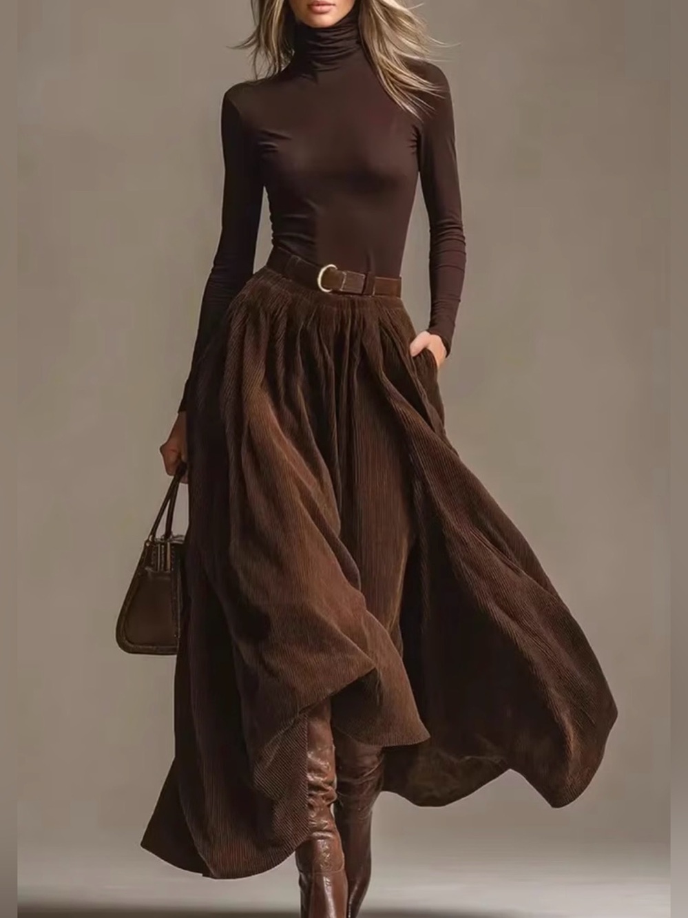 Women’s Outfit Set Brown Maxi Skirt with Belt and Turtleneck Top Size M